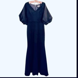 THEIA Navy Blue Puff Sleeve Fitted Flattering Formal Maxi Dress Sz 4